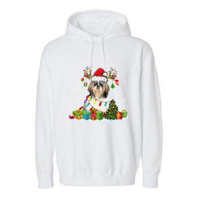 Lhasa Apso Dog Santa Reindeer Funny Christmas Lights Dog Gift Garment-Dyed Fleece Hoodie