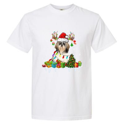 Lhasa Apso Dog Santa Reindeer Funny Christmas Lights Dog Gift Garment-Dyed Heavyweight T-Shirt