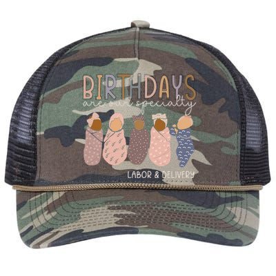 Labor And Delivery Birthdays Are Our Specialty L & D Nurse Retro Rope Trucker Hat Cap