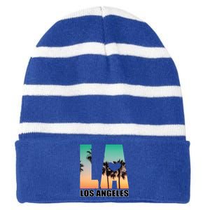 Los Angeles Design La Palm Tree Sunset Boulevard Funny Gift Striped Beanie with Solid Band