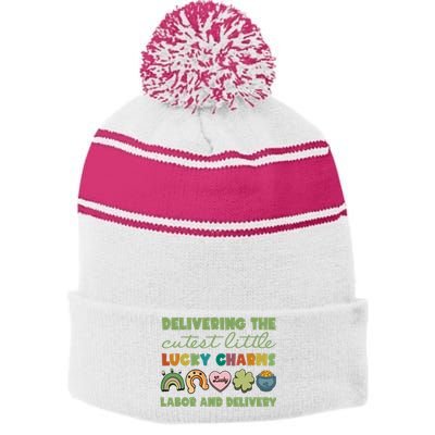 Labor And Delivery Nurse St. Patrick's Day L&D Nurse Stripe Pom Pom Beanie