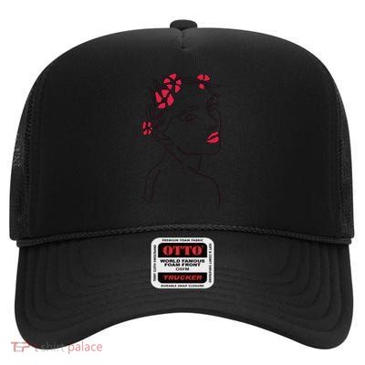 Lady Floral Outline Illustration High Crown Mesh Back Trucker Hat