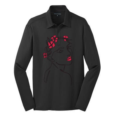 Lady Floral Outline Illustration Silk Touch Performance Long Sleeve Polo