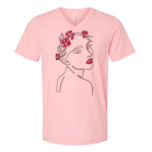 Lady Floral Outline Illustration V-Neck T-Shirt