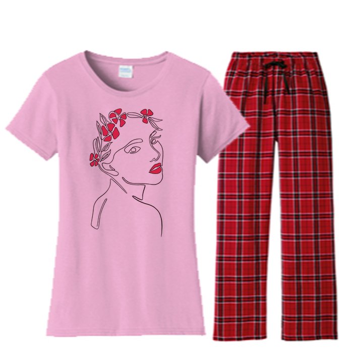 Lady Floral Outline Illustration Women's Flannel Pajama Set