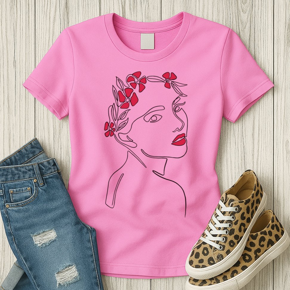 Lady Floral Outline Illustration Womens T-Shirt
