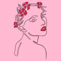 Lady Floral Outline Illustration Womens T-Shirt