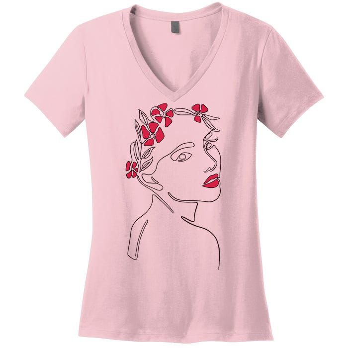 Lady Floral Outline Illustration Women's V-Neck T-Shirt