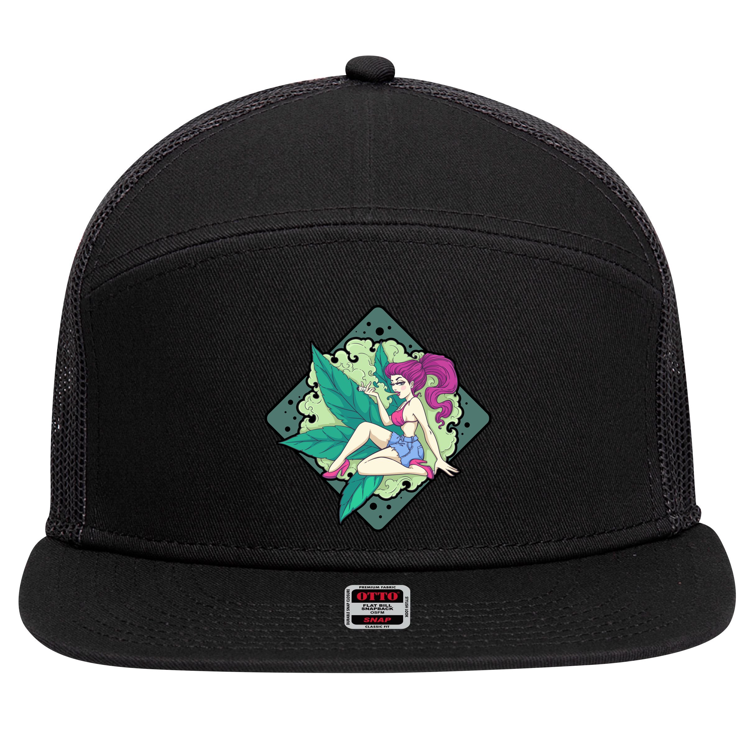 Lady Smoking Cannabis Diamond 7 Panel Mesh Trucker Snapback Hat
