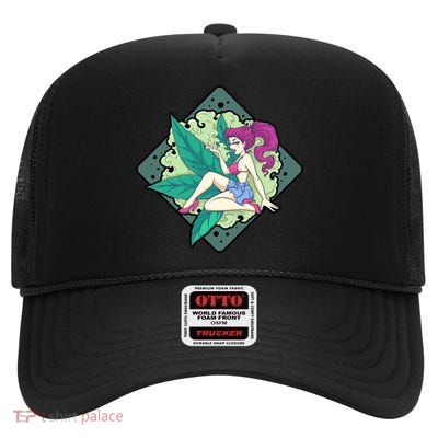 Lady Smoking Cannabis Diamond High Crown Mesh Back Trucker Hat