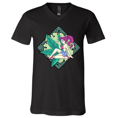 Lady Smoking Cannabis Diamond V-Neck T-Shirt
