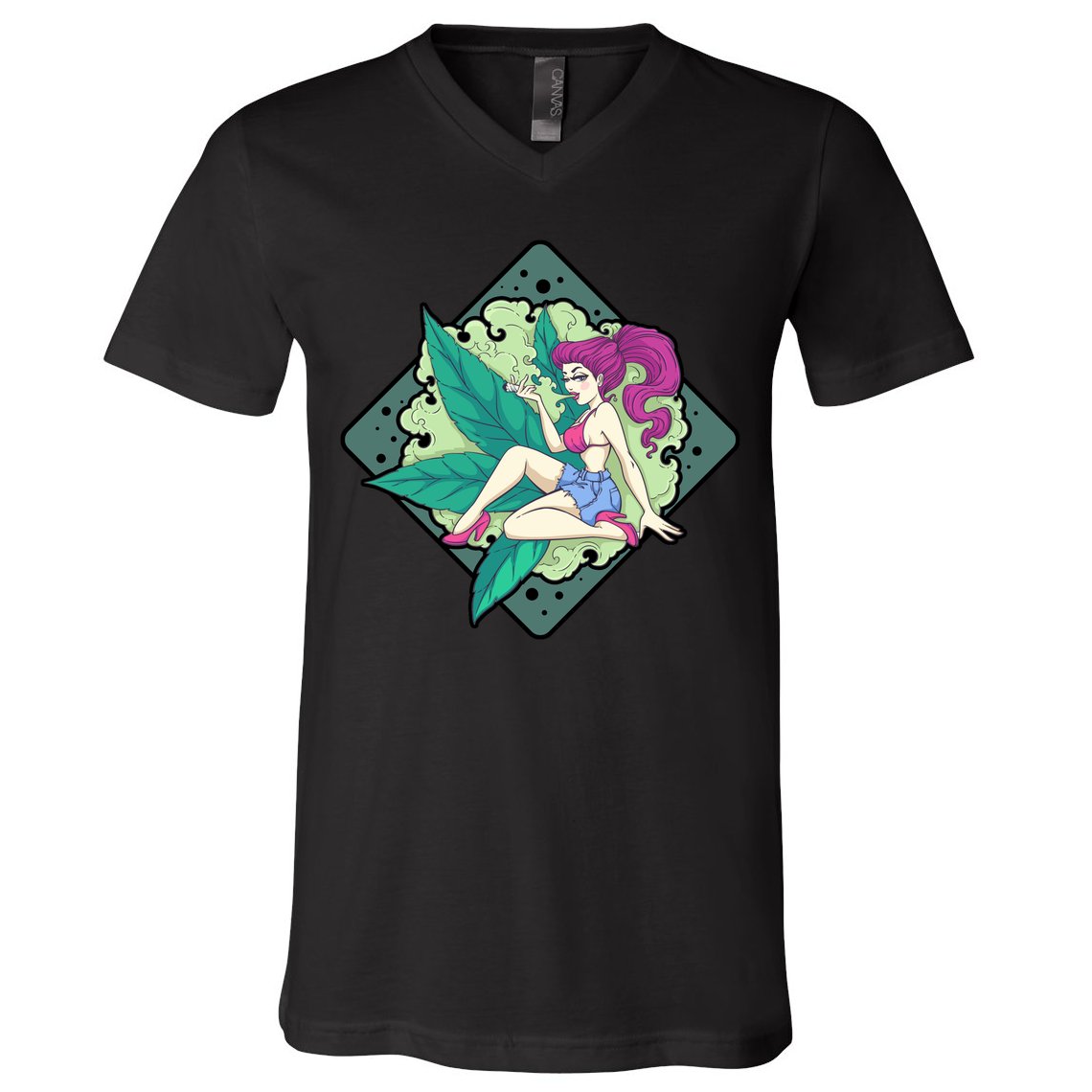 Lady Smoking Cannabis Diamond V-Neck T-Shirt