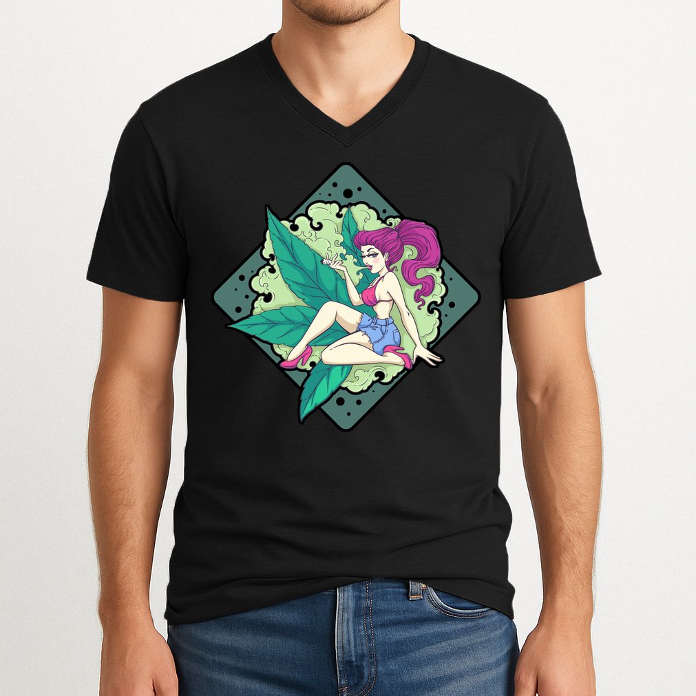 Lady Smoking Cannabis Diamond V-Neck T-Shirt