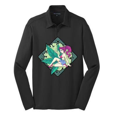 Lady Smoking Cannabis Diamond Silk Touch Performance Long Sleeve Polo