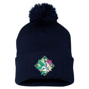 Lady Smoking Cannabis Diamond Pom Pom 12in Knit Beanie