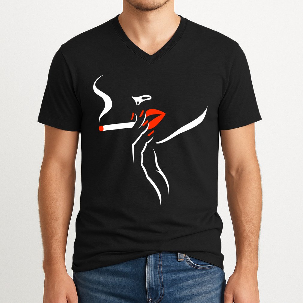 Lady Smoking Simplistic Silhouette V-Neck T-Shirt