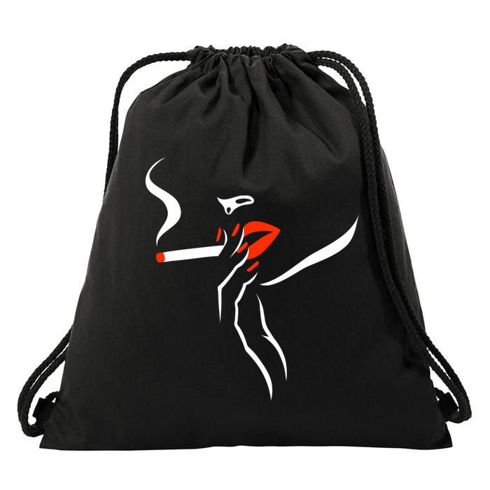 Lady Smoking Simplistic Silhouette Drawstring Bag
