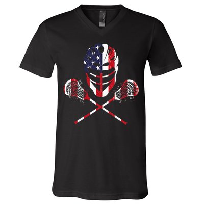 Lacrosse American Flag Lax Helmet Sticks V-Neck T-Shirt