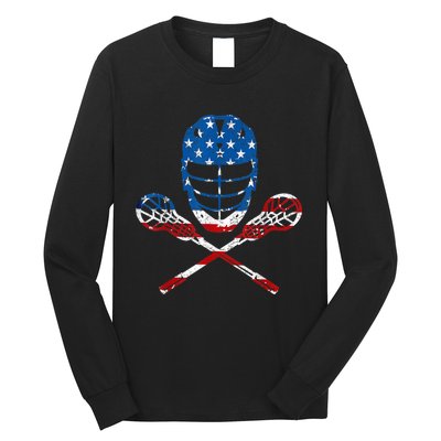 Lacrosse American Flag Lax Helmet Sticks 4th Of July Gifts Long Sleeve Shirt