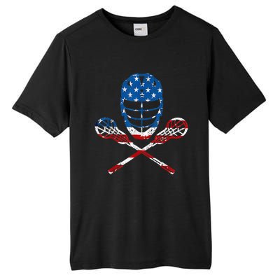 Lacrosse American Flag Lax Helmet Sticks 4th Of July Gifts Tall Fusion ChromaSoft Performance T-Shirt