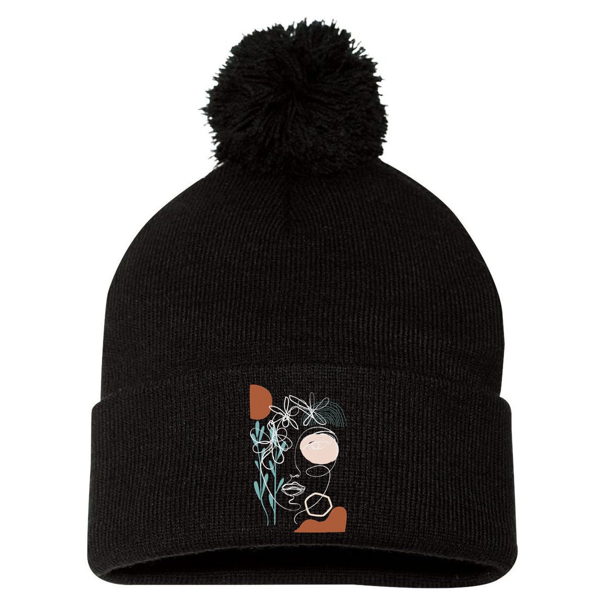 Line Art Face Abstract Art One Line Minimal Pom Pom 12in Knit Beanie