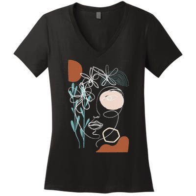 Line Art Face Abstract Art One Line Minimal Women's V-Neck T-Shirt