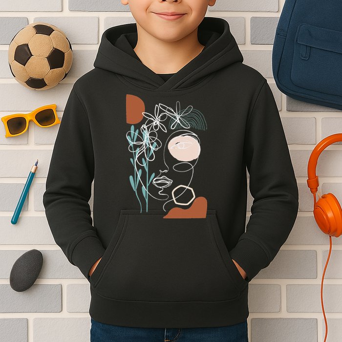 Line Art Face Abstract Art One Line Minimal Kids Hoodie