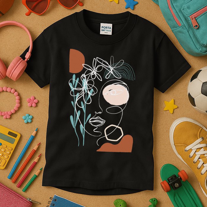 Line Art Face Abstract Art One Line Minimal Kids T-Shirt