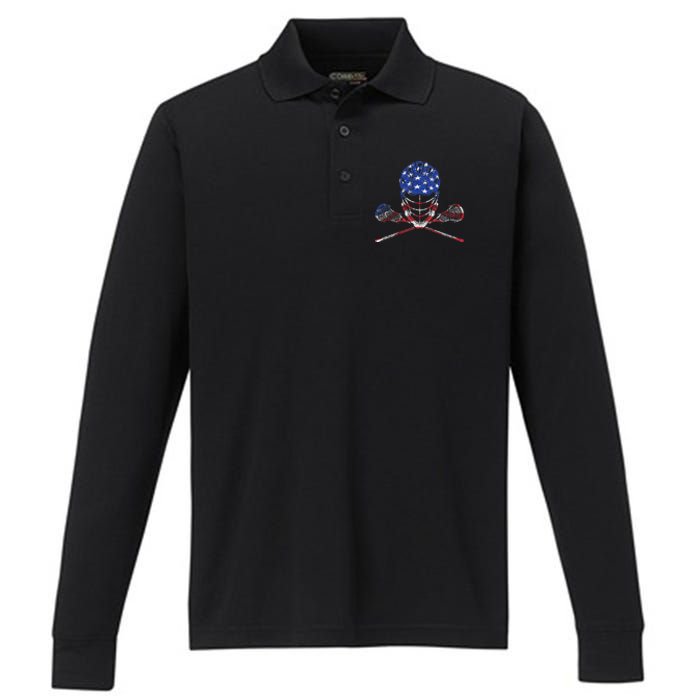 Lacrosse American Flag Lax Helmet And Sticks Performance Long Sleeve Polo