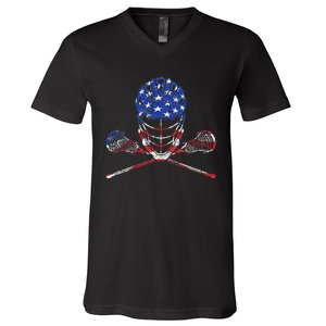 Lacrosse American Flag Lax Helmet And Sticks V-Neck T-Shirt