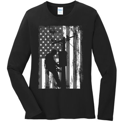Lineman American Flag Vintage Patriotic Electrician Gift Ladies Long Sleeve Shirt
