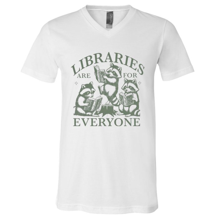 Libraries Are For Everyone Racoon Read Banned Book Librarian V-Neck T-Shirt