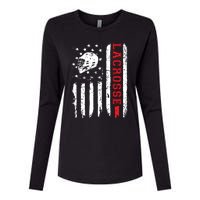 Lacrosse American Flag Distressed Womens Cotton Relaxed Long Sleeve T-Shirt