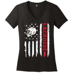 Lacrosse American Flag Distressed Women's V-Neck T-Shirt