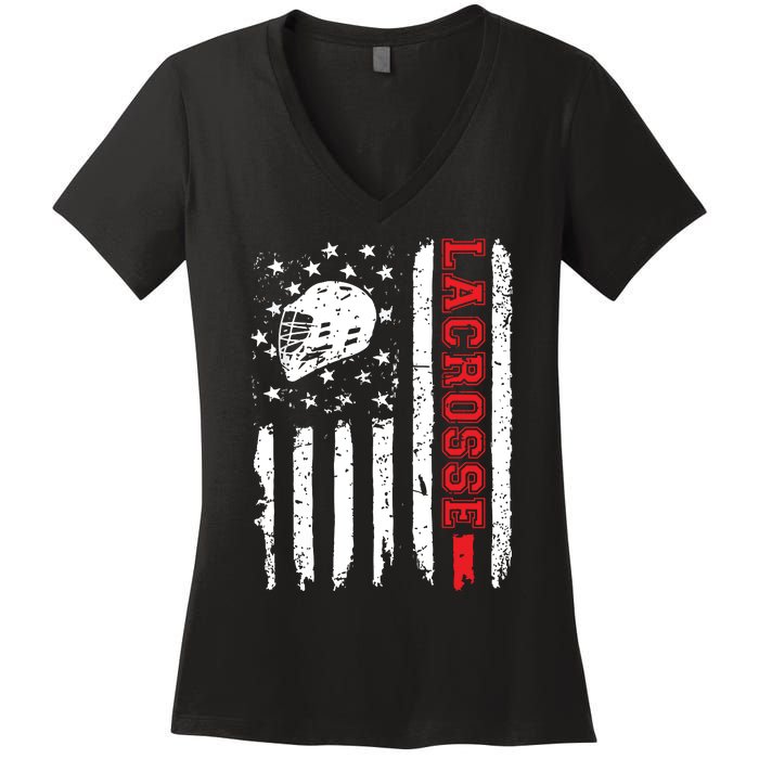 Lacrosse American Flag Distressed Women's V-Neck T-Shirt