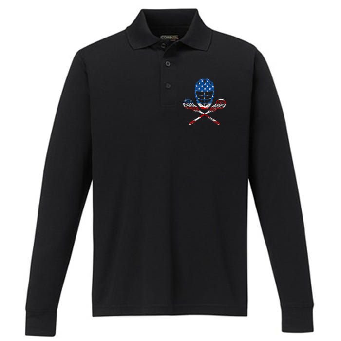 Lacrosse American Flag Lax Helmet Sticks Performance Long Sleeve Polo