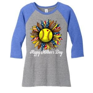 Leopard American Flag Baseball Mom Softball Mothers Day Great Gift Women's Tri-Blend 3/4-Sleeve Raglan Shirt