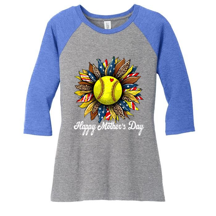 Leopard American Flag Baseball Mom Softball Mothers Day Great Gift Women's Tri-Blend 3/4-Sleeve Raglan Shirt