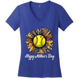 Leopard American Flag Baseball Mom Softball Mothers Day Great Gift Women's V-Neck T-Shirt