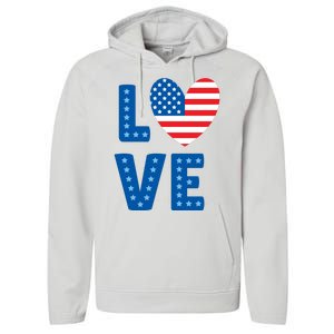 Love American Flag Heart 4th Of July Performance Fleece Hoodie