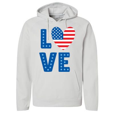 Love American Flag Heart 4th Of July Performance Fleece Hoodie