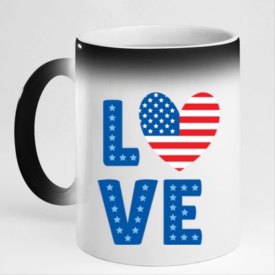 Love American Flag Heart 4th Of July 11oz Black Color Changing Mug