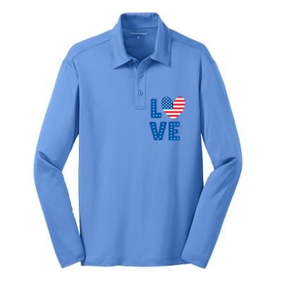 Love American Flag Heart 4th Of July Silk Touch Performance Long Sleeve Polo