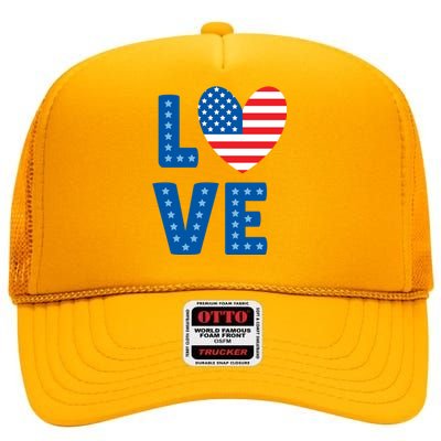 Love American Flag Heart 4th Of July High Crown Mesh Back Trucker Hat