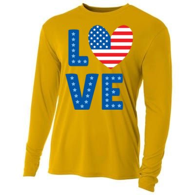 Love American Flag Heart 4th Of July Cooling Performance Long Sleeve Crew