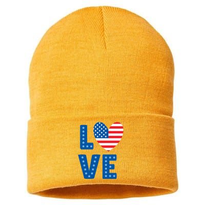 Love American Flag Heart 4th Of July Sustainable Knit Beanie