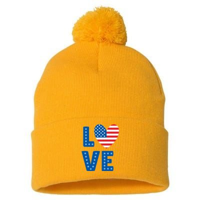 Love American Flag Heart 4th Of July Pom Pom 12in Knit Beanie