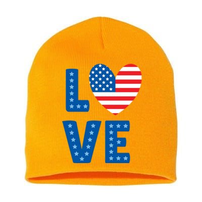 Love American Flag Heart 4th Of July Short Acrylic Beanie