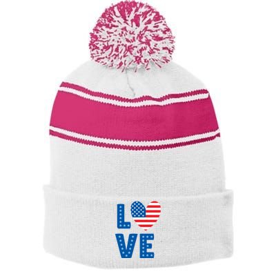 Love American Flag Heart 4th Of July Stripe Pom Pom Beanie