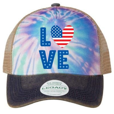 Love American Flag Heart 4th Of July Legacy Tie Dye Trucker Hat